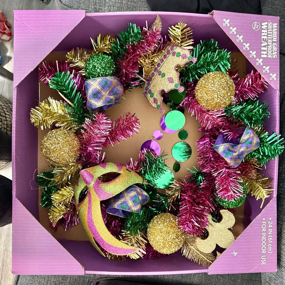 Vibrant Mardi Gras Wreath with Mask and Crown